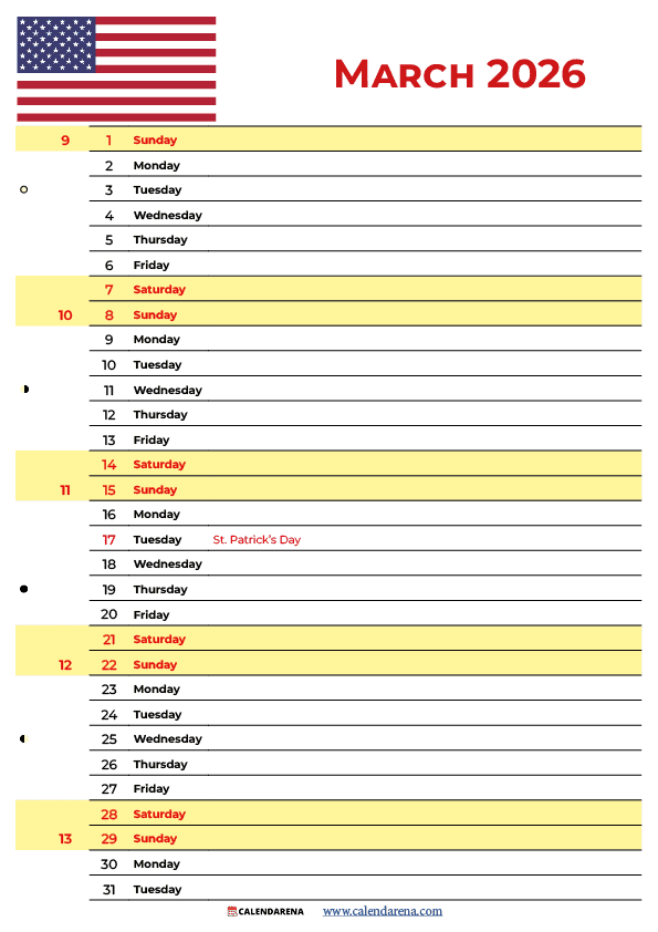 March 2026 Calendar USA Free Printable Download