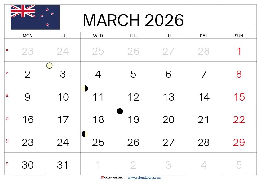 March 2026 Calendar NZ Free Download &amp; Holidays