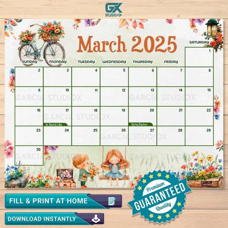 March 2025 Calendar Bicycle with Spring Flowers 🌸 March 2025 Calendar Bicycle with Spring Flowers 🌸
