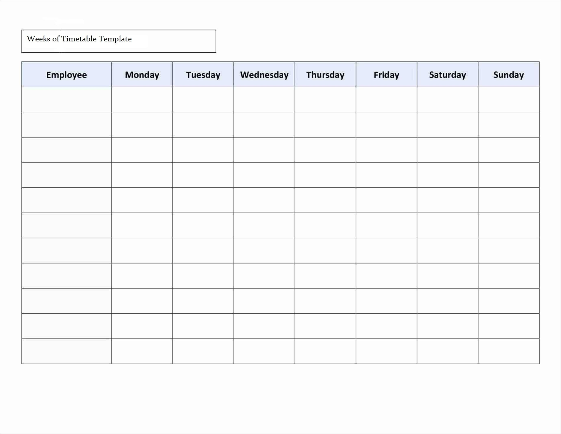 Monday To Friday Timetable Excel