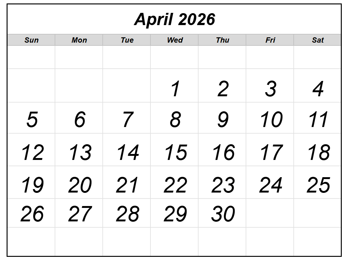 April 2026 Calendar Calendar Next