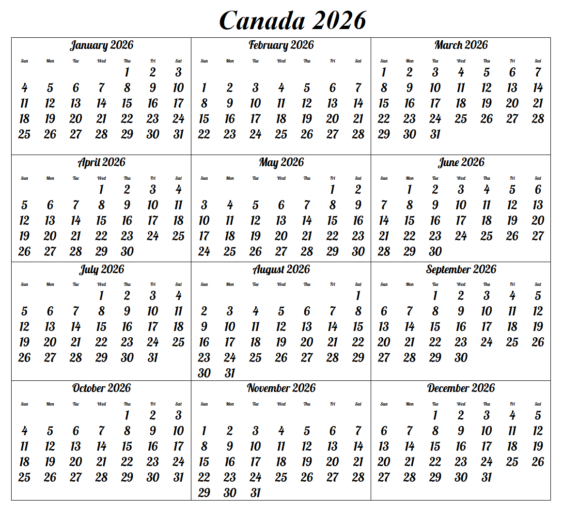 Canada 2026 Calendar Printable Calendar Next