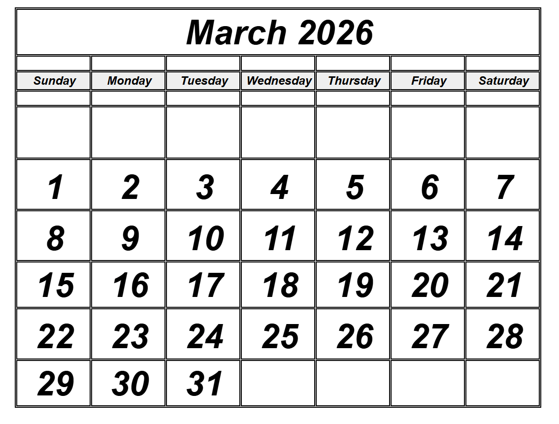Blank March 2026 Calendar Calendar Next