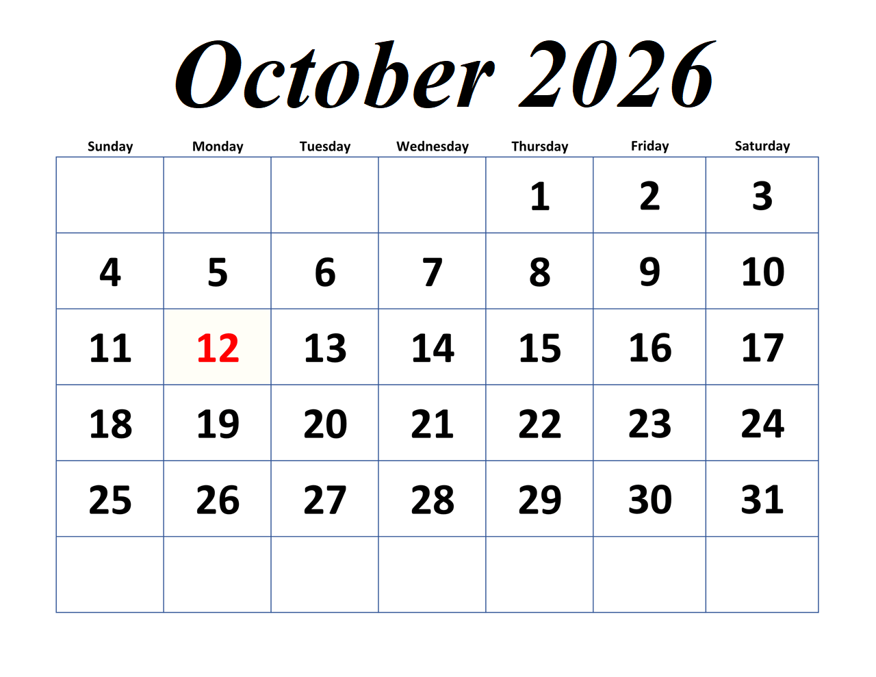 October 2026 Calendar With Holidays Calendar Next