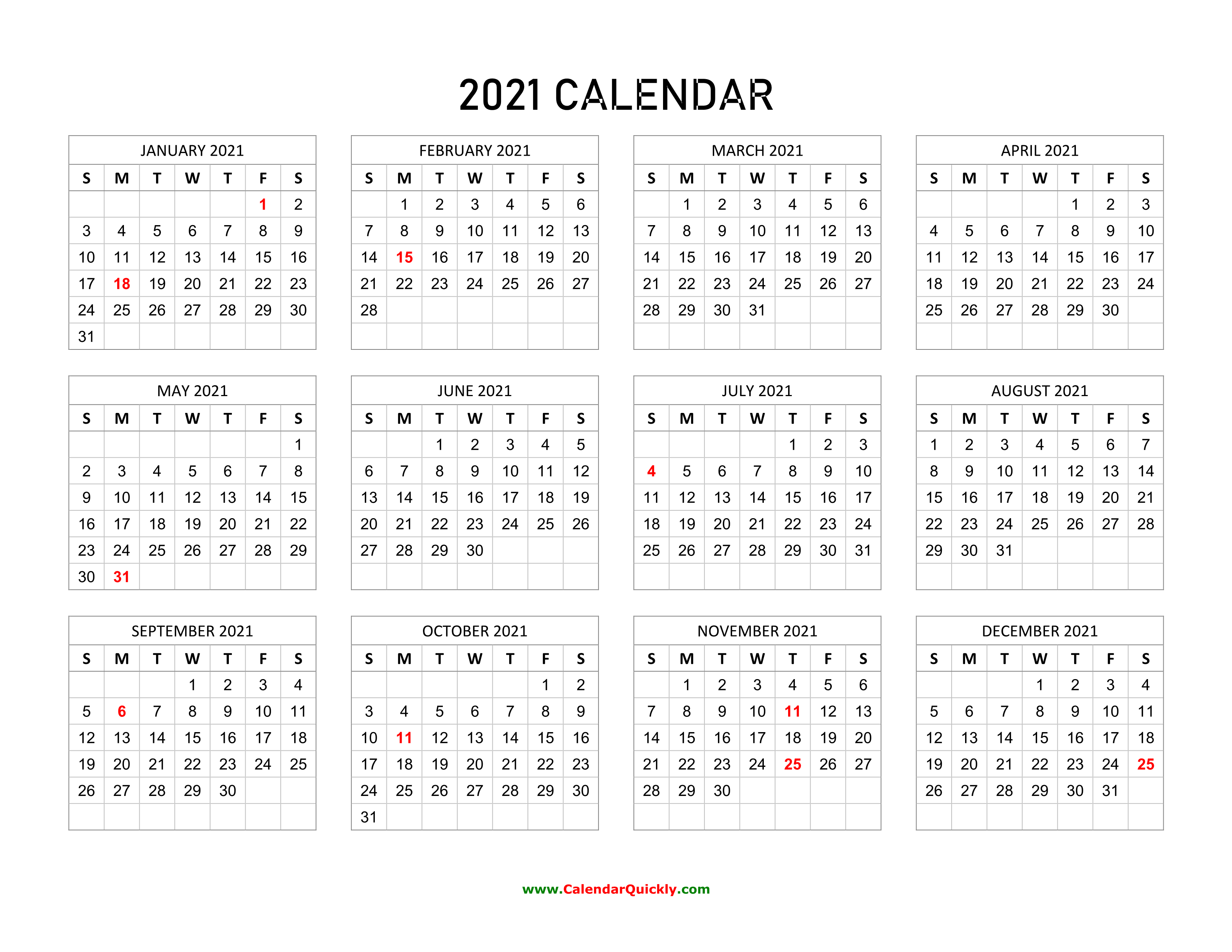 2021 Calendar with Holidays Calendar Quickly