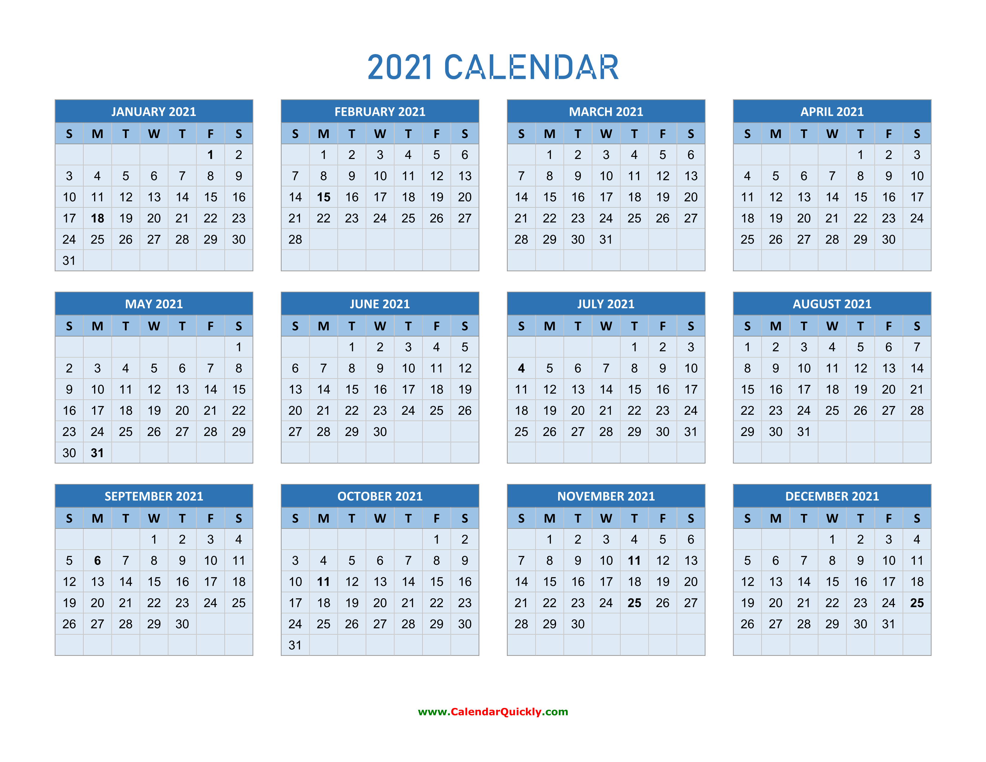 2021 Calendar Calendar Quickly