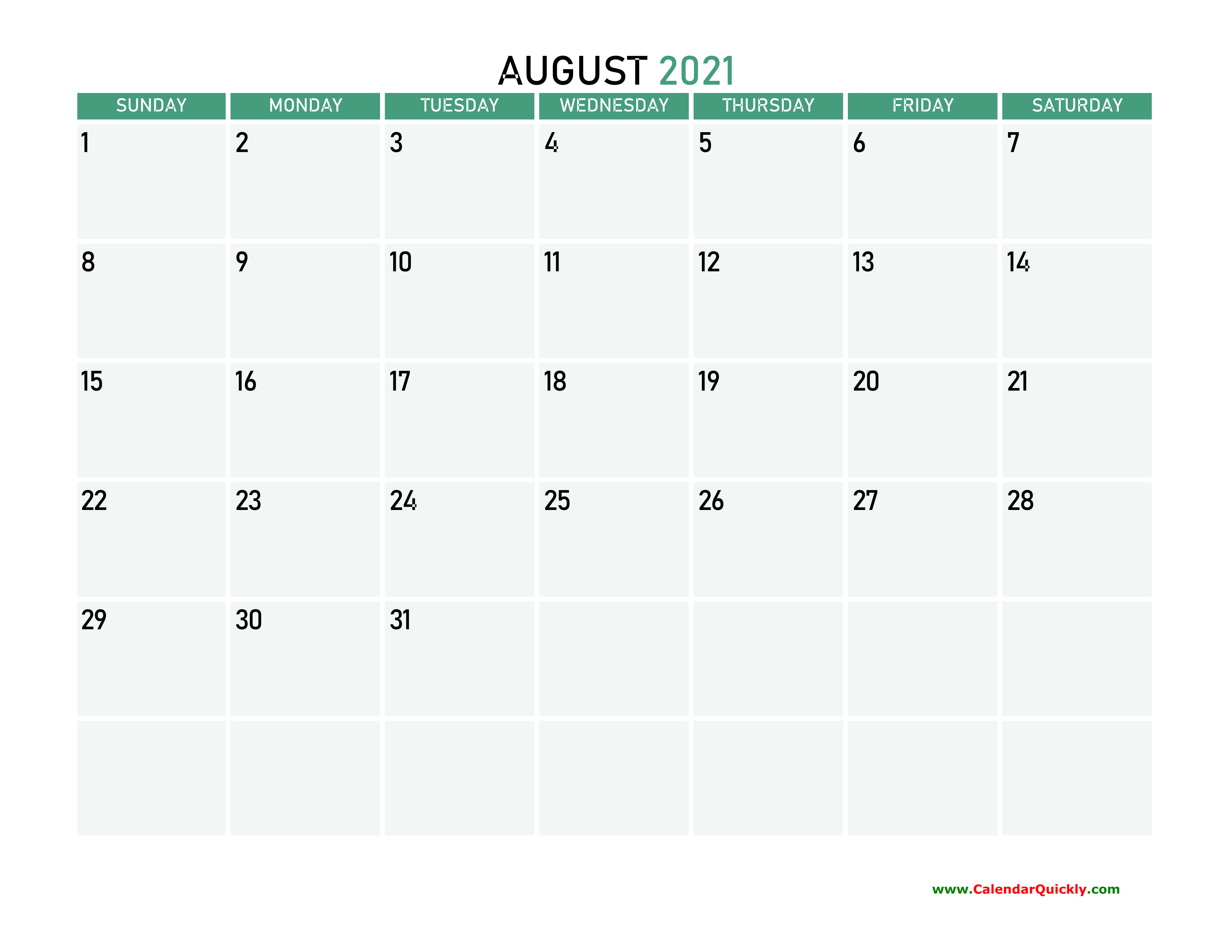 August 2021 Printable Calendar | Calendar Quickly