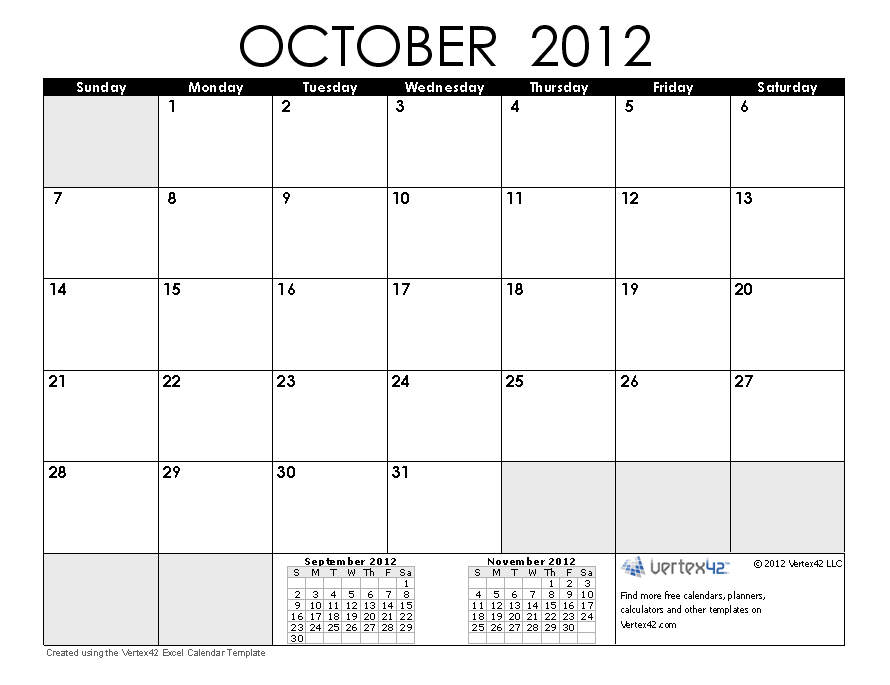 October 2012 Calendar Printable - Printable Word Searches