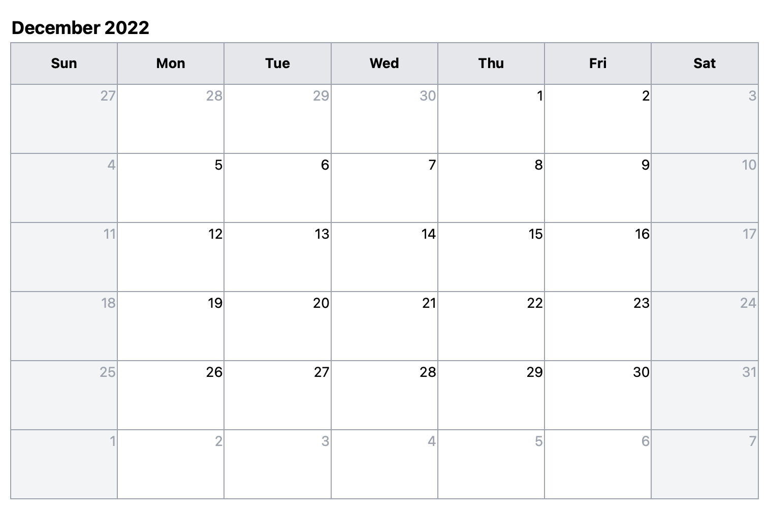 Calendar December 2022 With Holidays