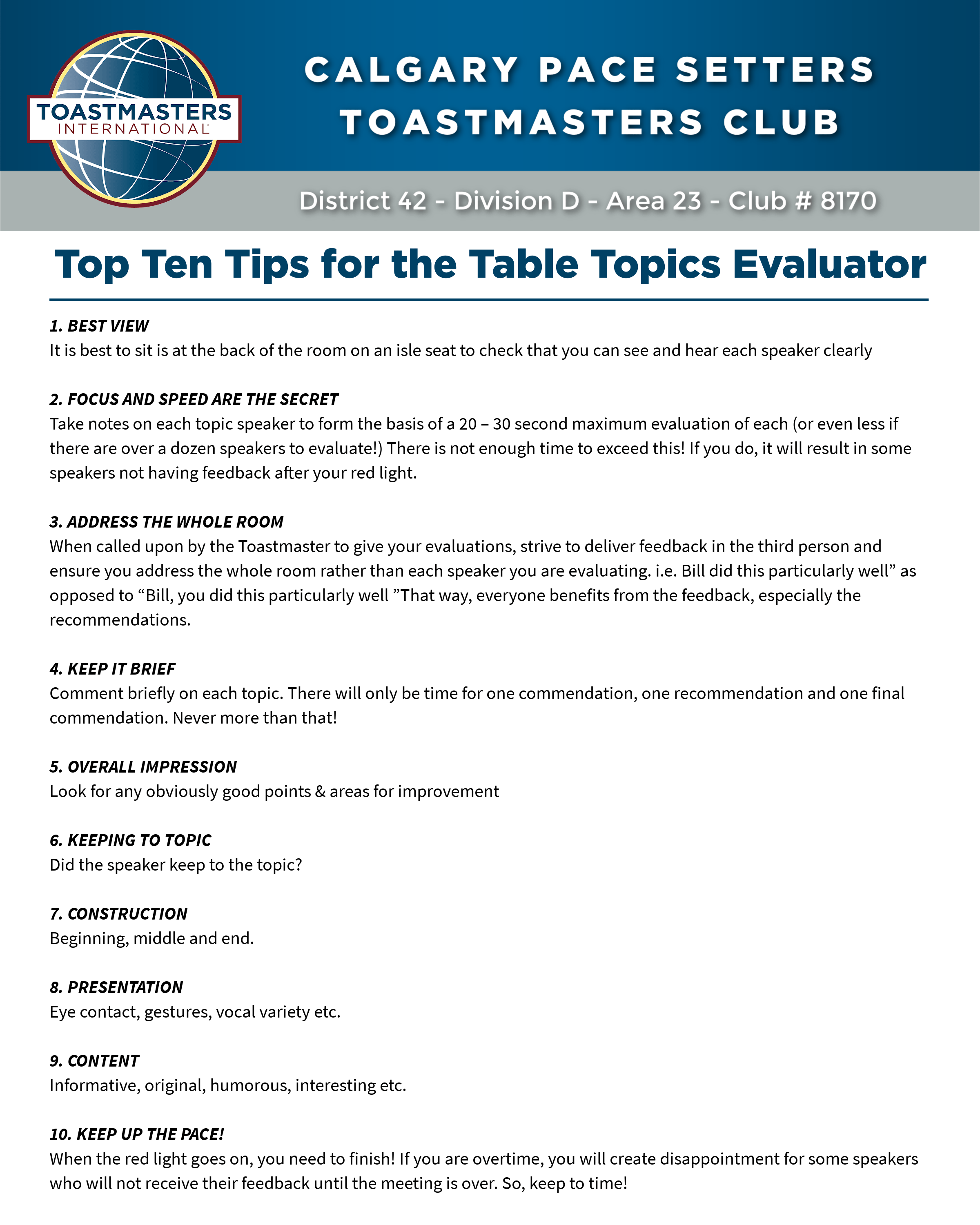 MEETING ROLE FORMS Calgary Pace Setters Toastmasters Club