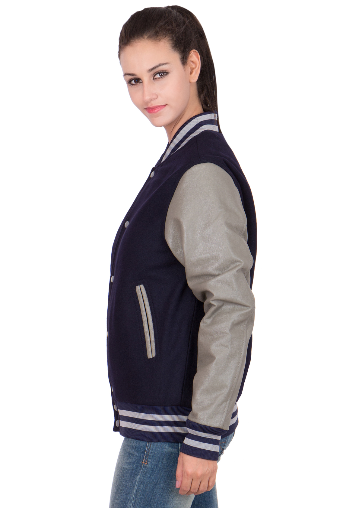 GREY LEATHER SLEEVES & NAVY BLUE WOOL BODY VARSITY JACKETWOMEN