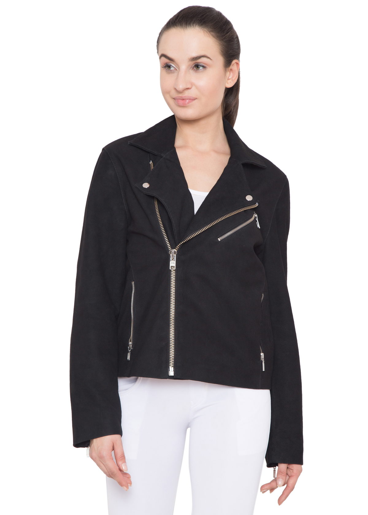 BLACK SUEDE BIKER JACKET WOMEN Caliber Apparels