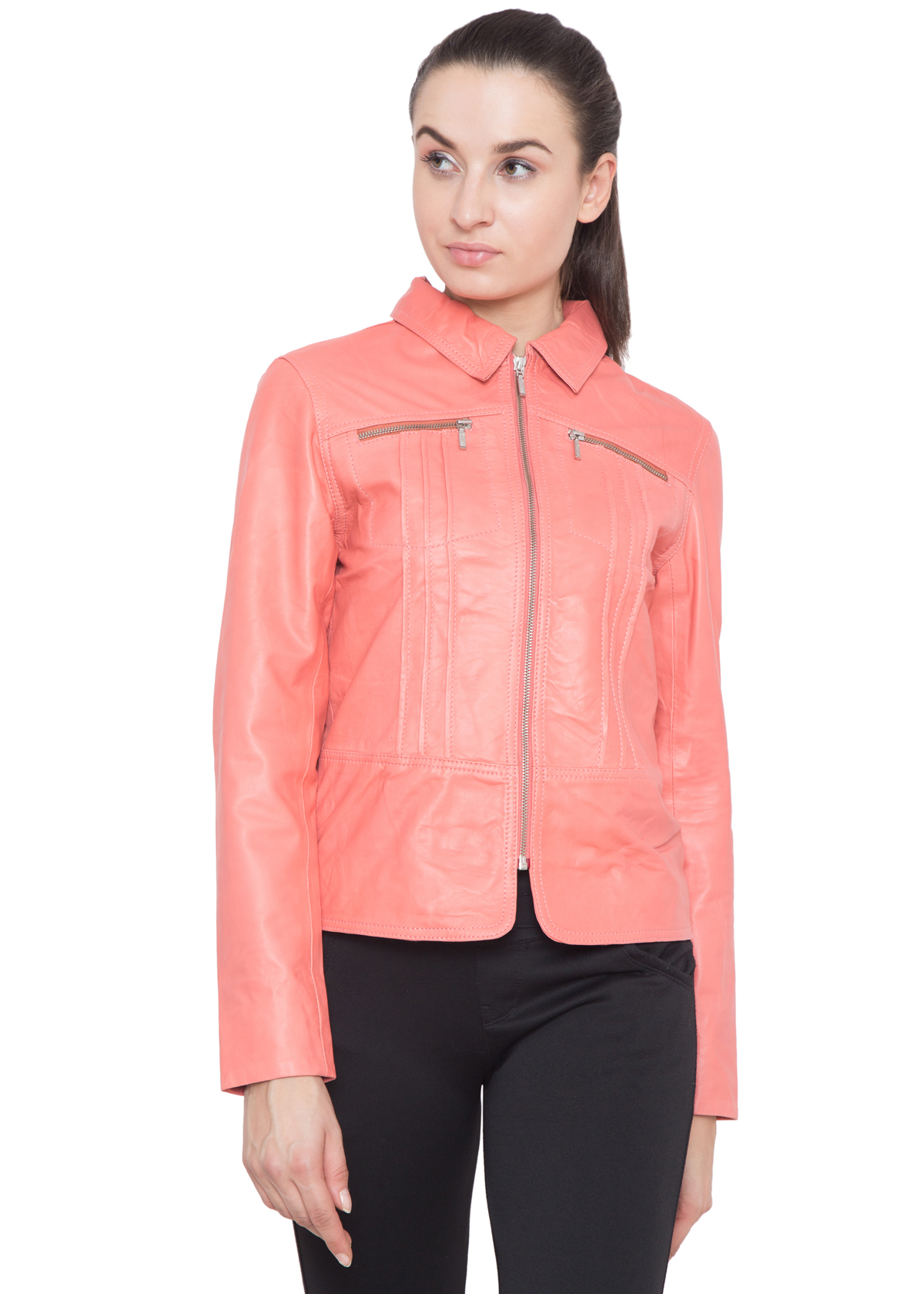 PINK CORAL FULL LEATHER JACKETWOMEN Caliber Apparels