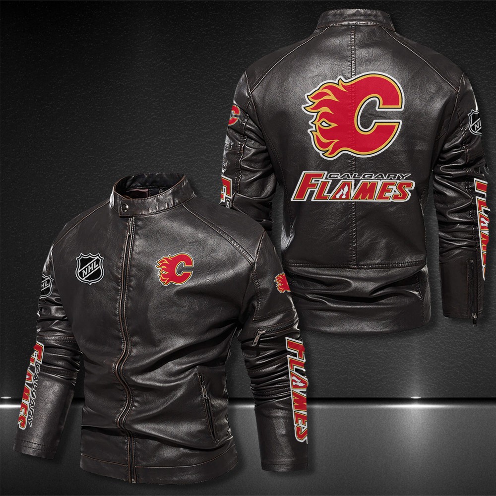Calgary Flames Motor Collar Leather Jacket For Biker Racer We sell