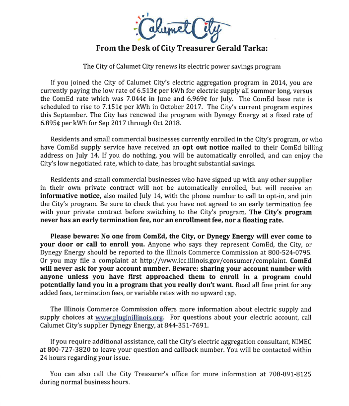 The City of Calumet City renews it's electric power savings program