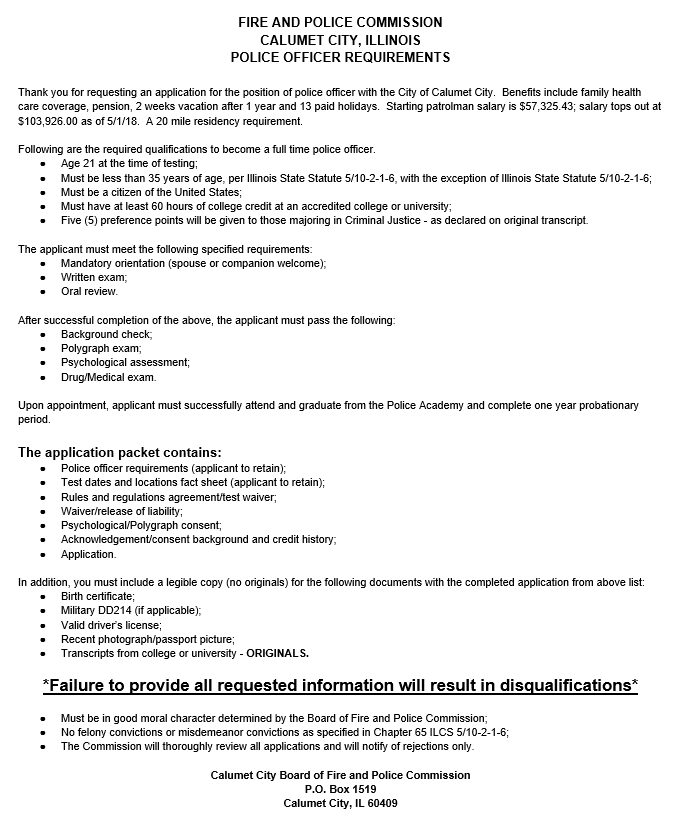Calumet City Police Officer Entry Test Requirements Calumet City