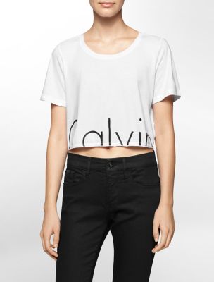 calvin klein womens cropped logo tshirt white l
