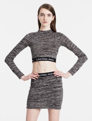 calvin klein womens logo band long sleeve cropped top