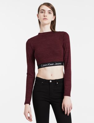 calvin klein womens logo band long sleeve cropped top