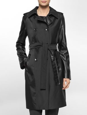 calvin klein womens faux leather trim belted trench coat jacket eBay