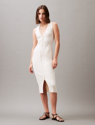 Smooth Cotton Rib V-Neck Sweater Midi Dress | Calvin Klein