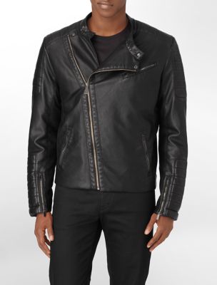 calvin klein mens asymmetrical zip close faux leather biker moto jacket