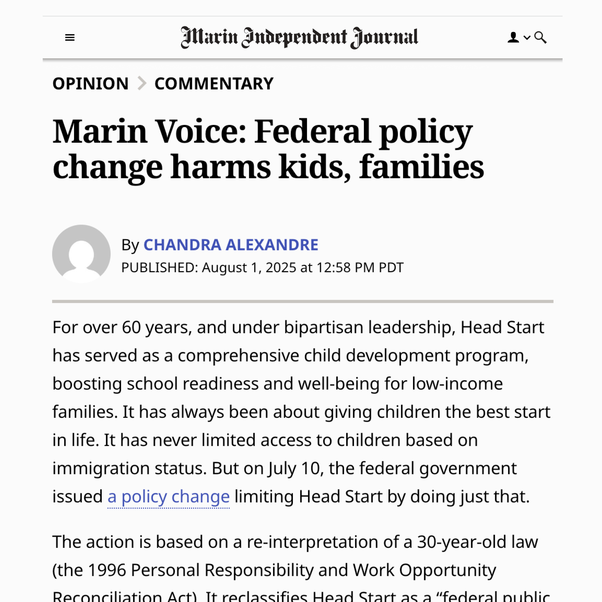 Marin Voice Federal policy change harms kids, families (Marin IJ