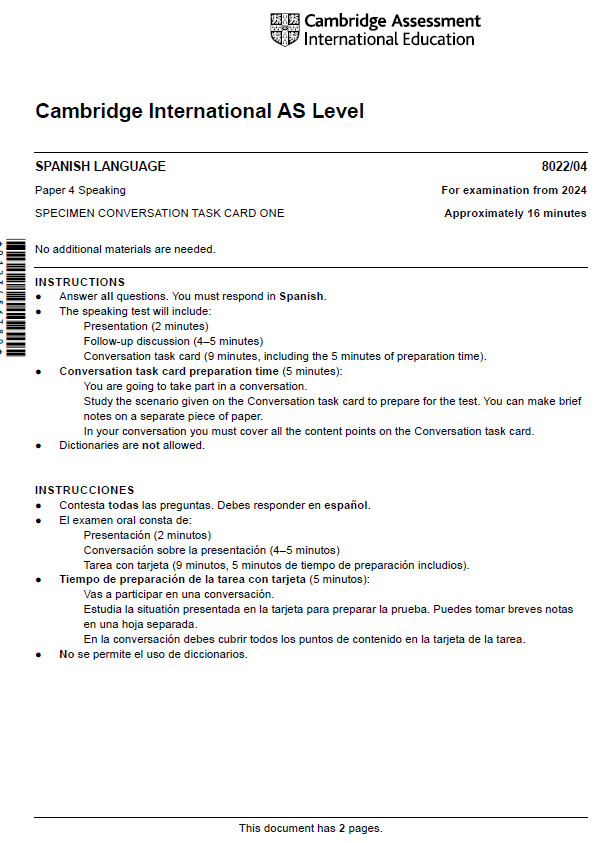 8022 AS Spanish Specimen Speaking Tests (2024) Online Learning area