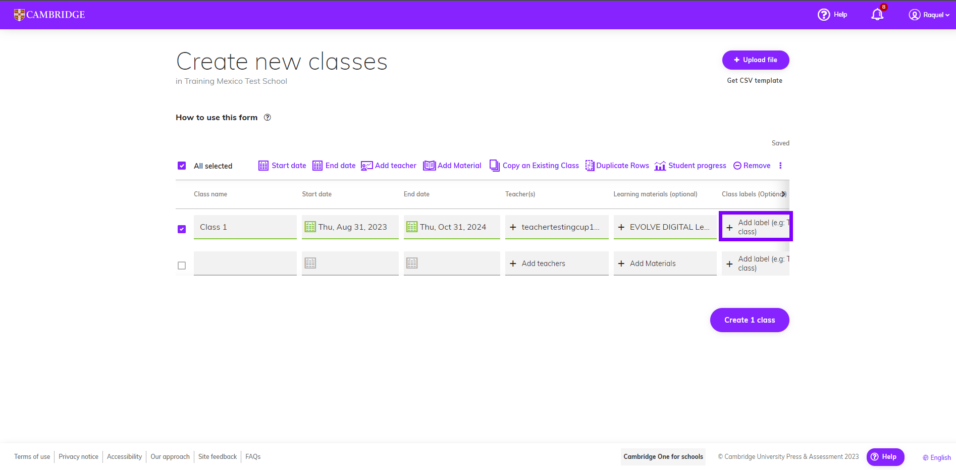 How can I add labels to new classes? Cambridge One
