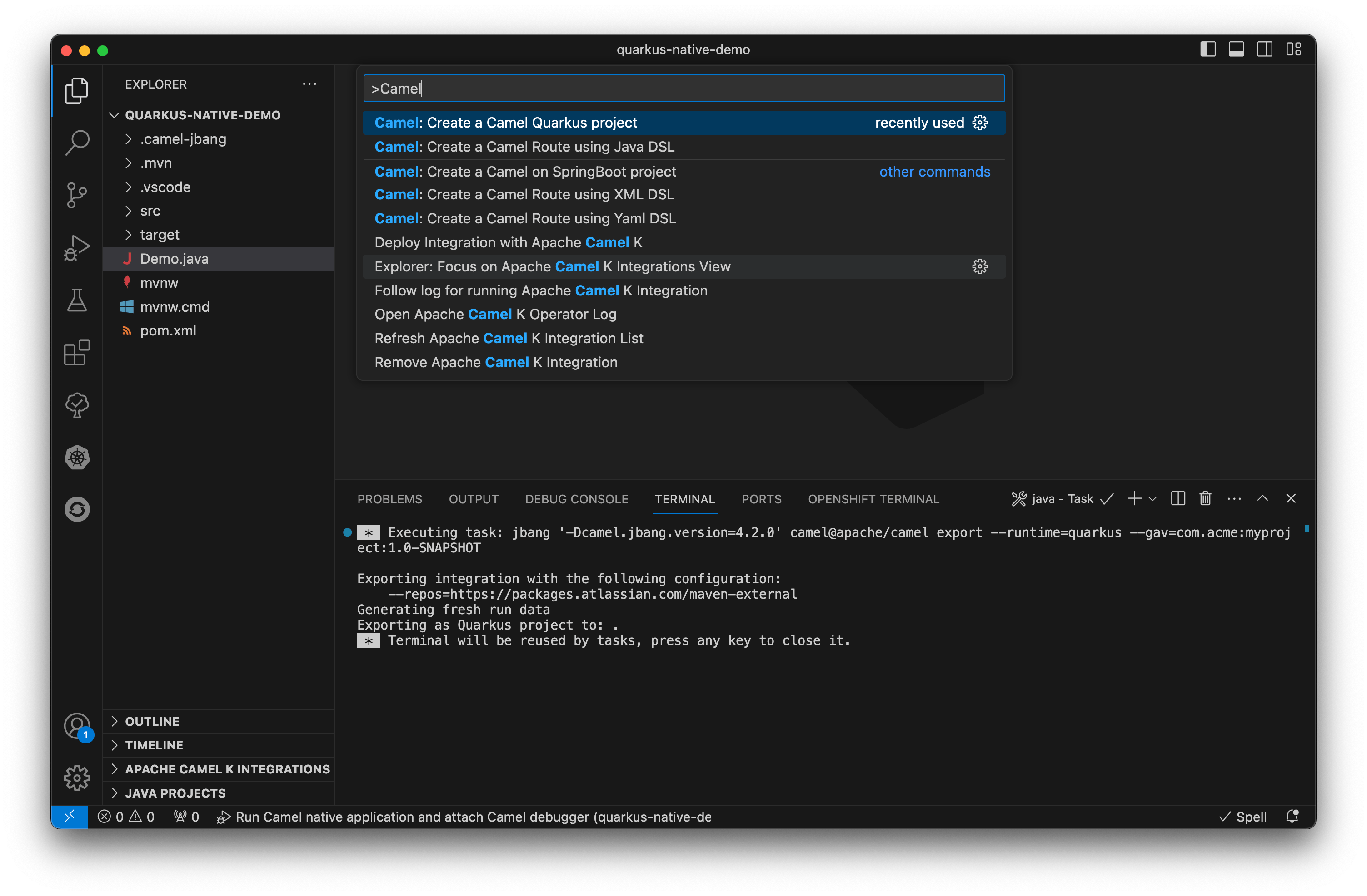 Debugging Camel Quarkus native application in VS Code Apache Camel