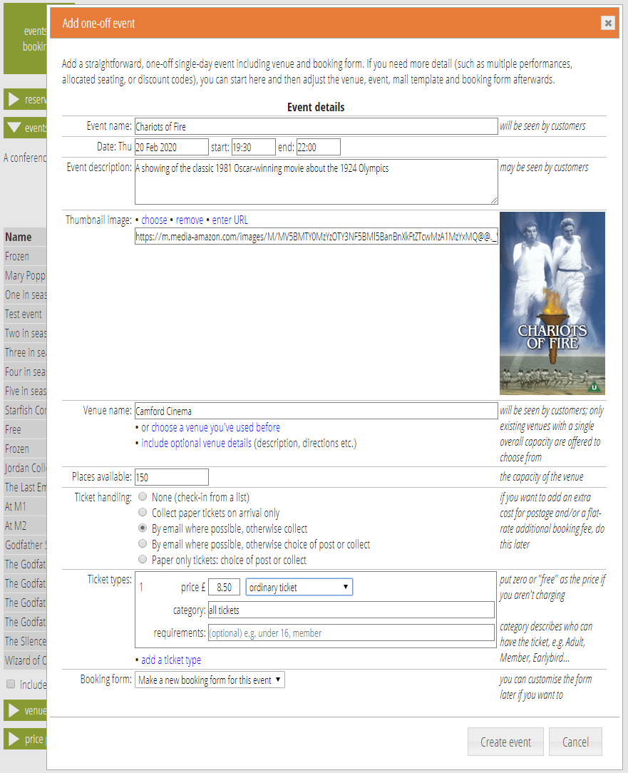 Add oneoff events Cameo membership organiser