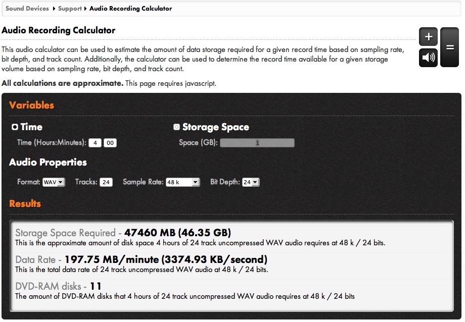 Utilitaires Audio Recording Calculator de Sound Devices Camera Manu