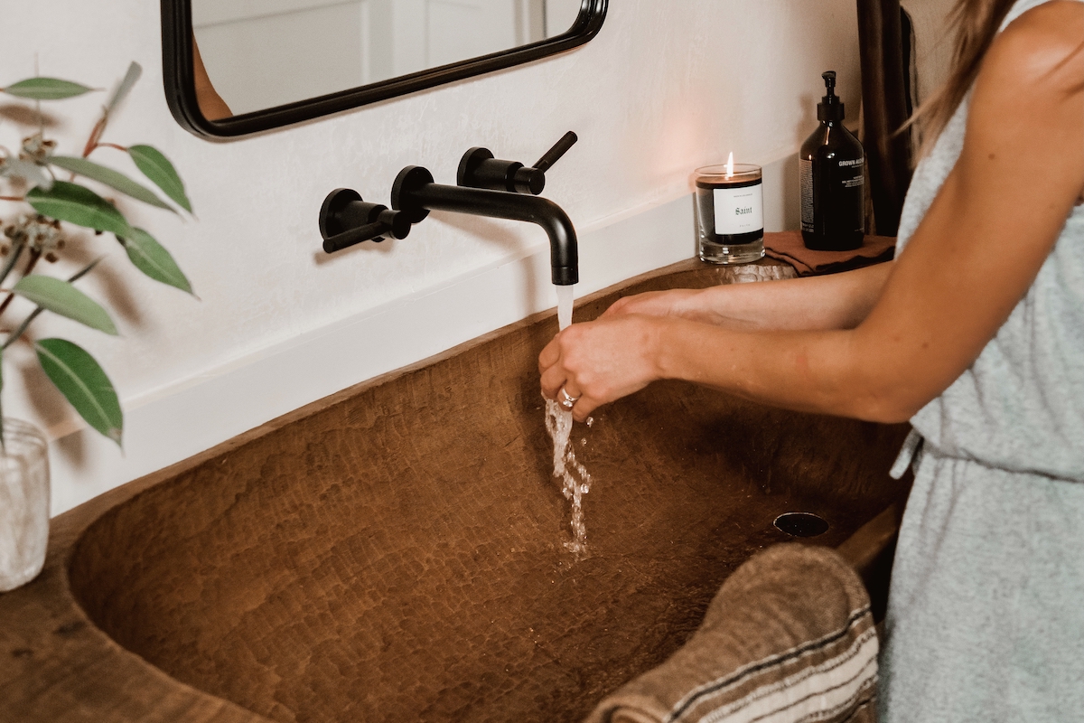 Camille Styles powder bath with rustic trough sink DIY Camille Styles