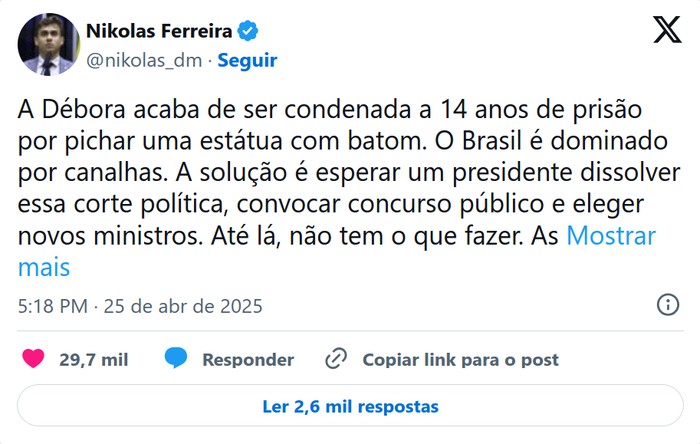 Post Nikolas Ferreira no X (antigo Twitter)