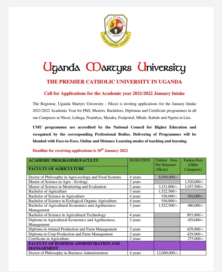 Uganda Martyrs University Makes Call for Applications for the January Intake 2021/2022 Campus Bee
