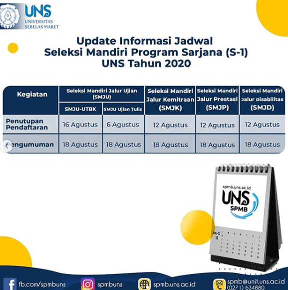 Update!! Jadwal Seleksi Mandiri Jalur Nilai UTBK UNS 2020