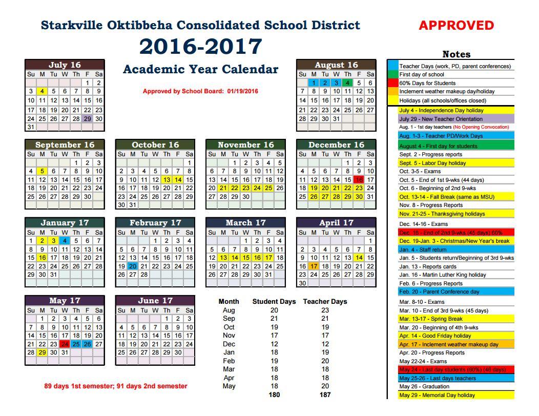 201617 School Year Calendar for SOCSD Starkville Oktibbeha School District