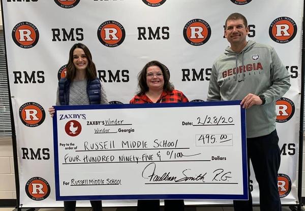 Zaxby's Presents RMS a Check for Spirit Night Proceeds Russell Middle School