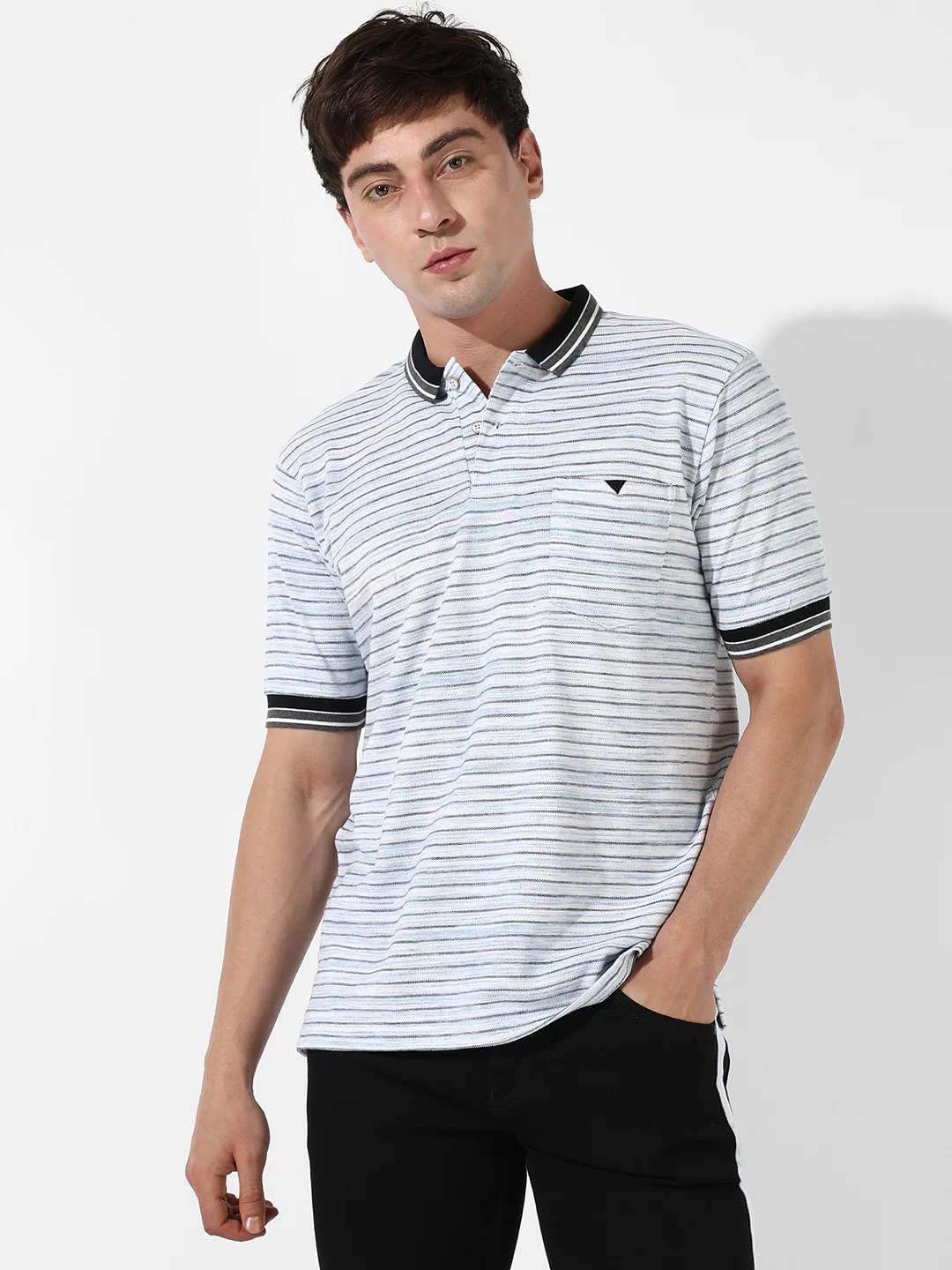 grey striped polo t shirt