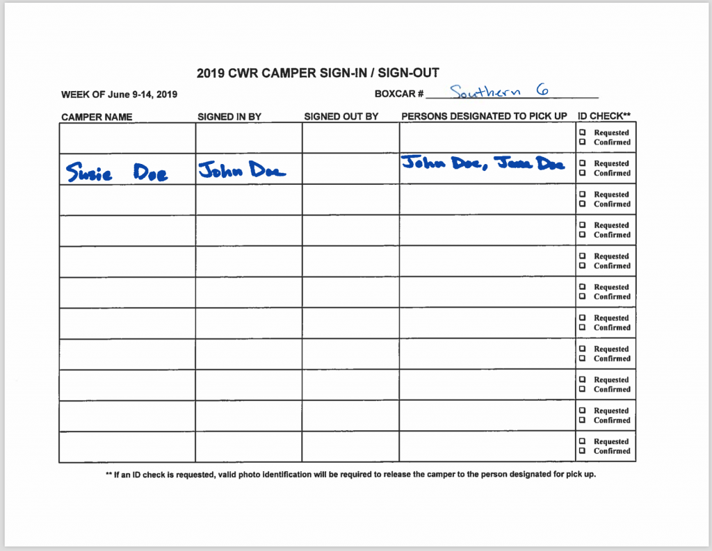 Camper Signin & Signout Camp Willow Run