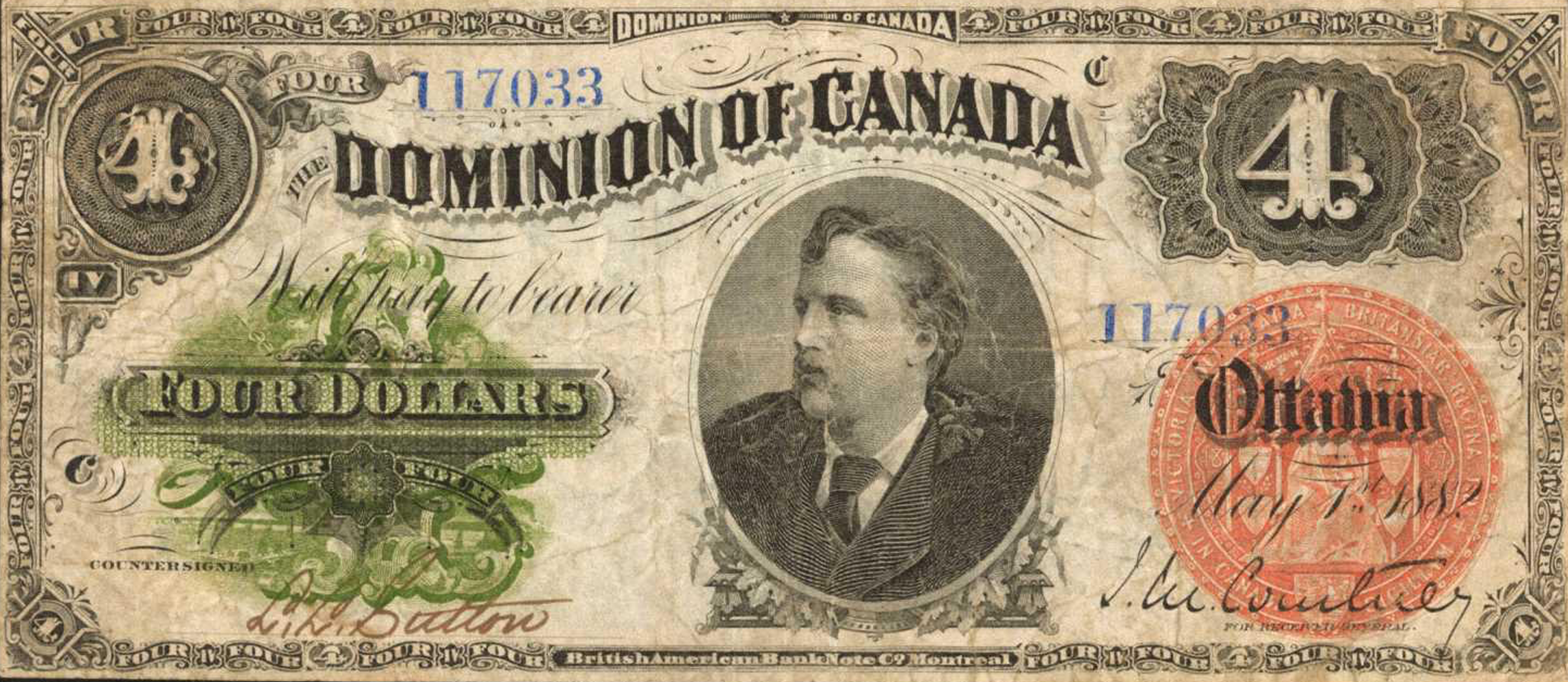 Value of May 1st 1882 4 Bill from The Dominion of Canada Canadian