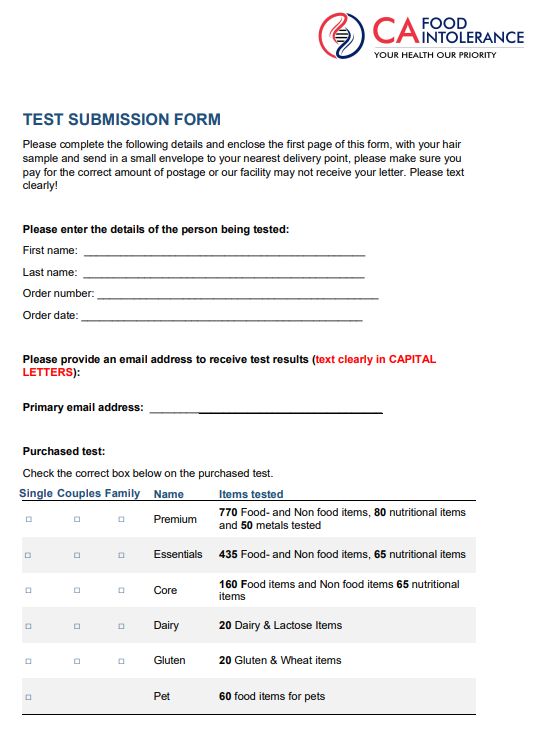 Test Submission Form Canada Food Intolerance