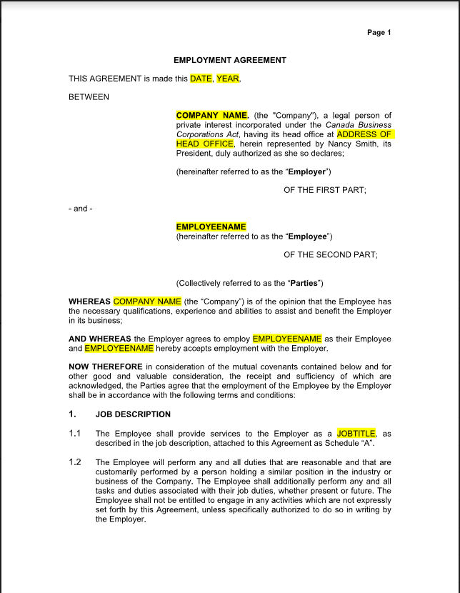 Employment Agreement Standard Ontario Canada Legal Help