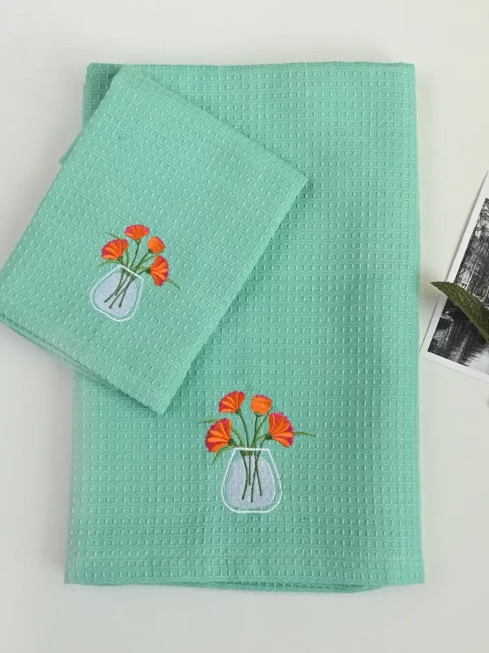 Ferns and Lillies Green Waffle Towel Set Bath & Hand Towel Cananor