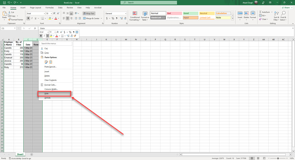 How to hide and unhide columns in Excel?