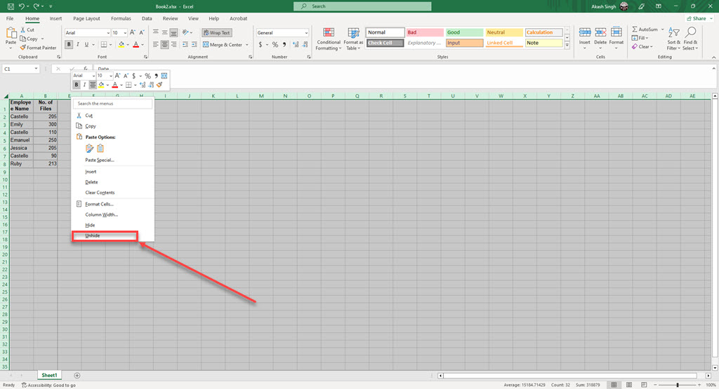 How to hide and unhide columns in Excel?