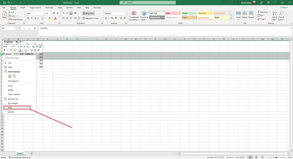 How to hide and unhide rows in Excel?