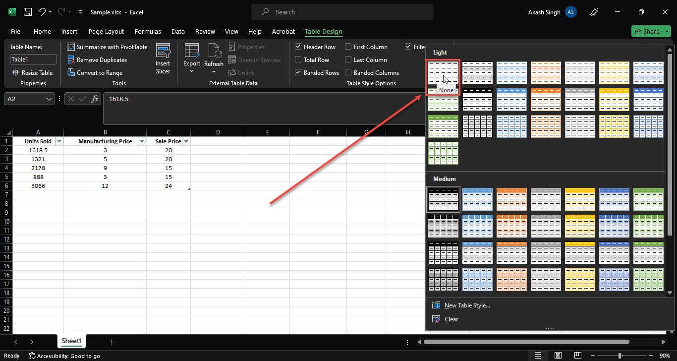 How to remove table formatting in Excel?