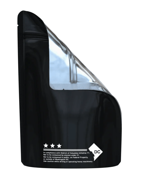 1 Ounce Matte Black DC Code Smell Proof Mylar Bags Cannaline