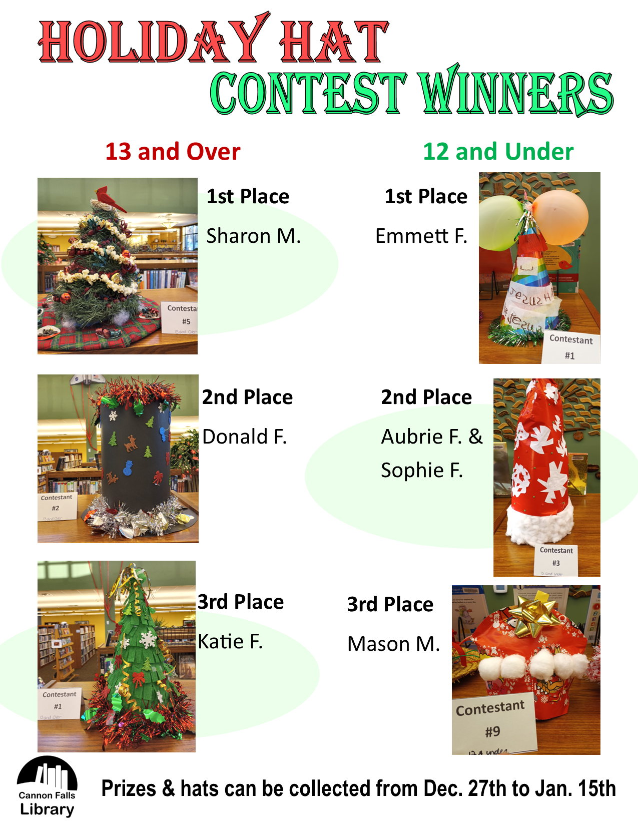 Holiday Hat Contest Winners! Cannon Falls Library